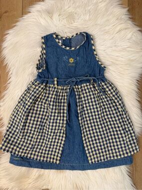C.C Bates Vintage Blue Denim and Yellow Gingham Girls' Dress with‎ Tie Size 4